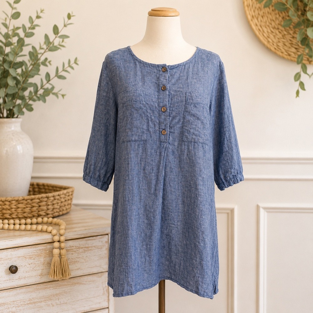 Andrea Jovine Linen Tunic Shirt Medium Blue 3/4 Sleeve Button Front Casual Top